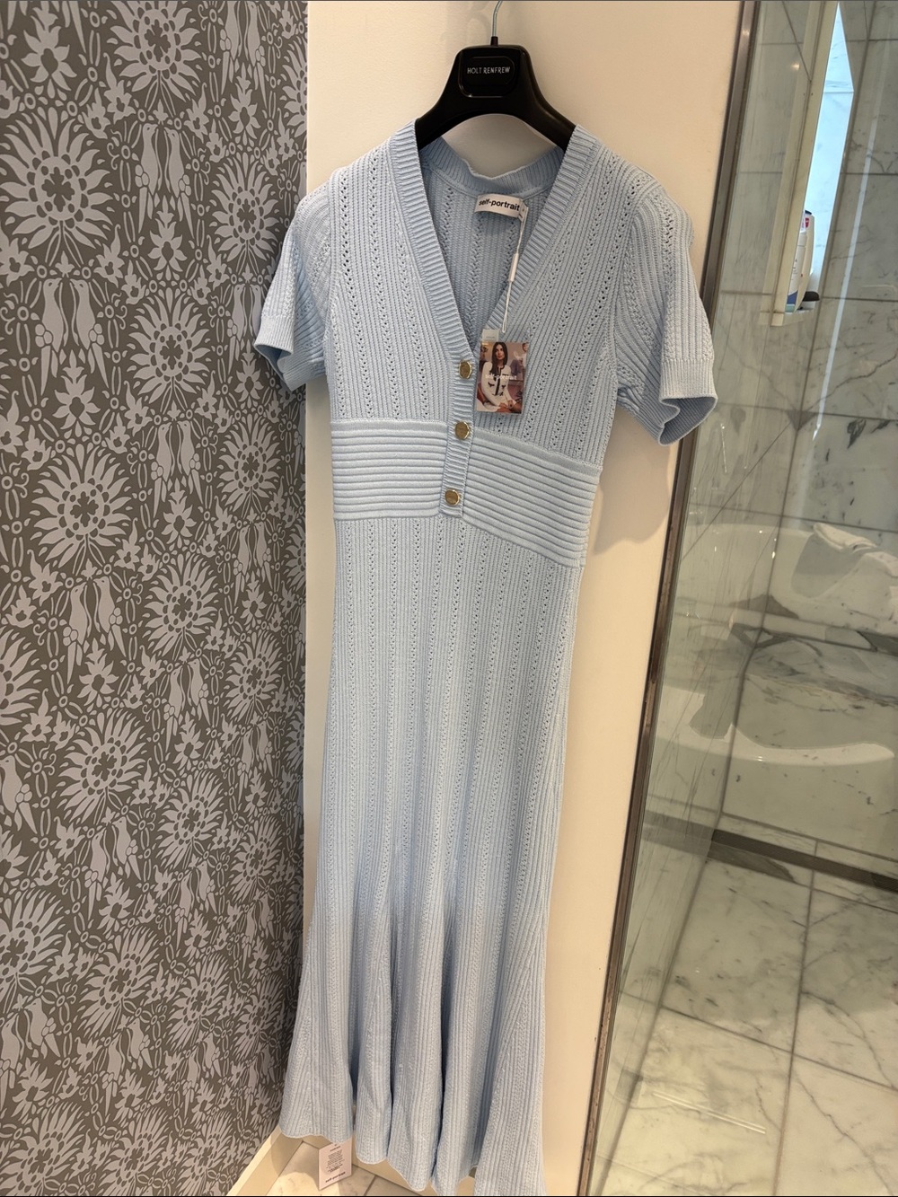 Self-Portrait Light Blue Knit Midi Dress with Gold Buttons
